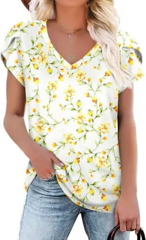 KUOTAI Womens Tops Summer Casual T Shirts V Neck Petal Sleeve Blouses Shirts