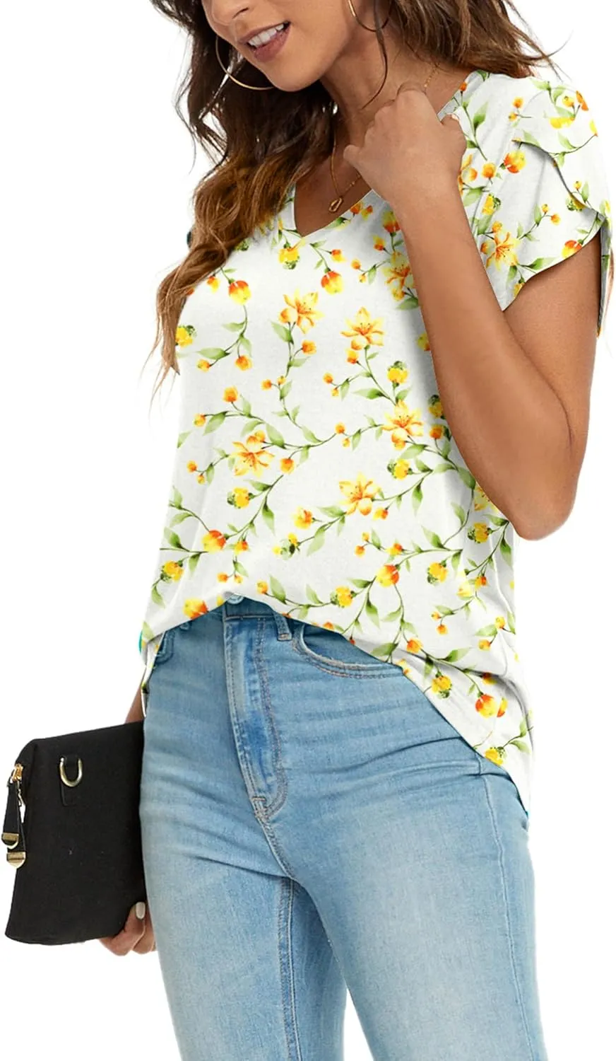 KUOTAI Womens Tops Summer Casual T Shirts V Neck Petal Sleeve Blouses Shirts