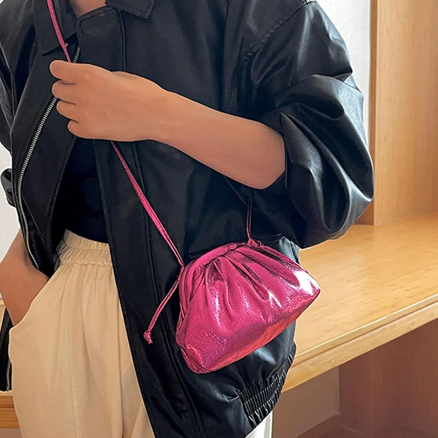 Ladies Crossbody Bag Clutch Clutch Clutches Large Capacity Pleated Bag Single Shoulder (Hot Pink, One Size)