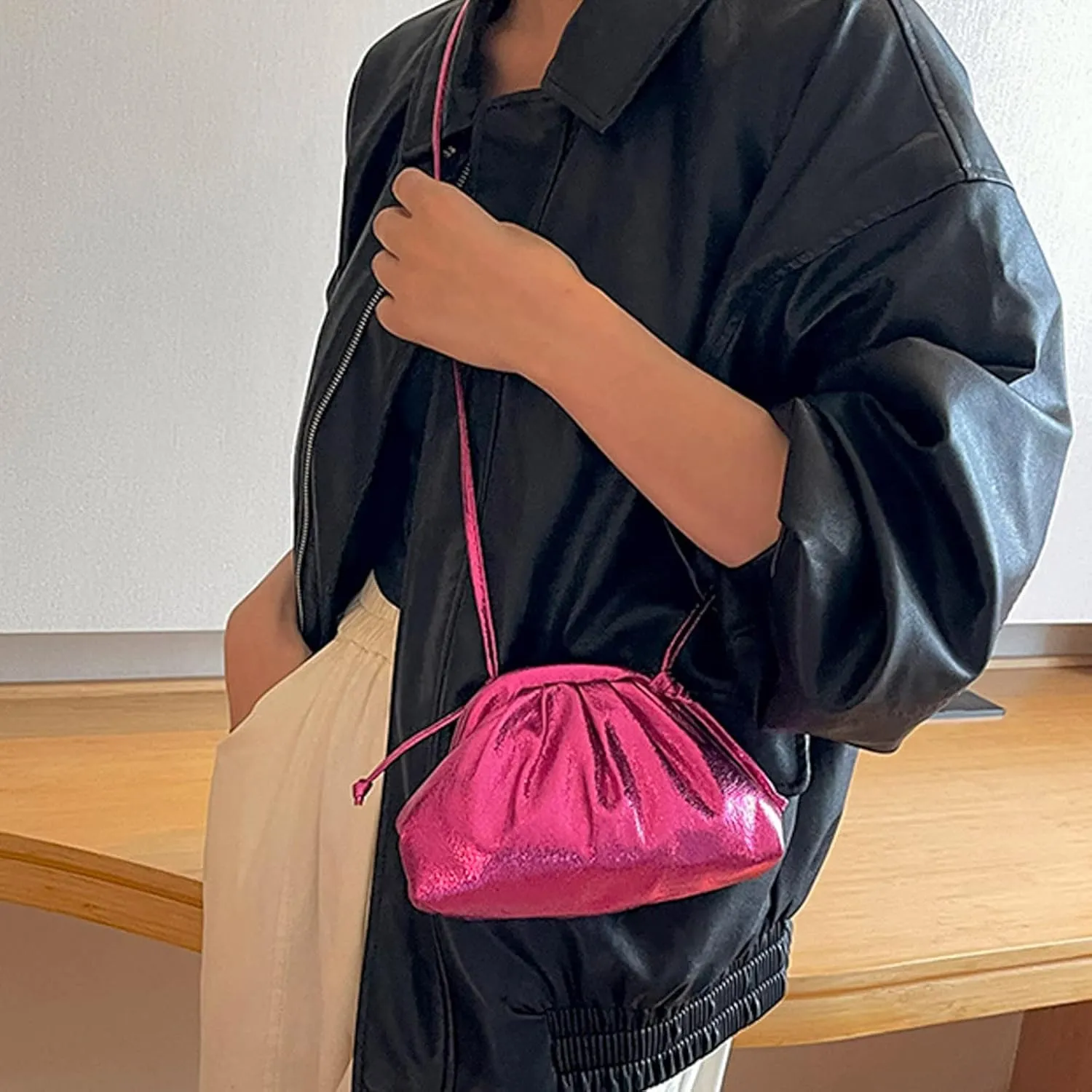 Ladies Crossbody Bag Clutch Clutch Clutches Large Capacity Pleated Bag Single Shoulder (Hot Pink, One Size)
