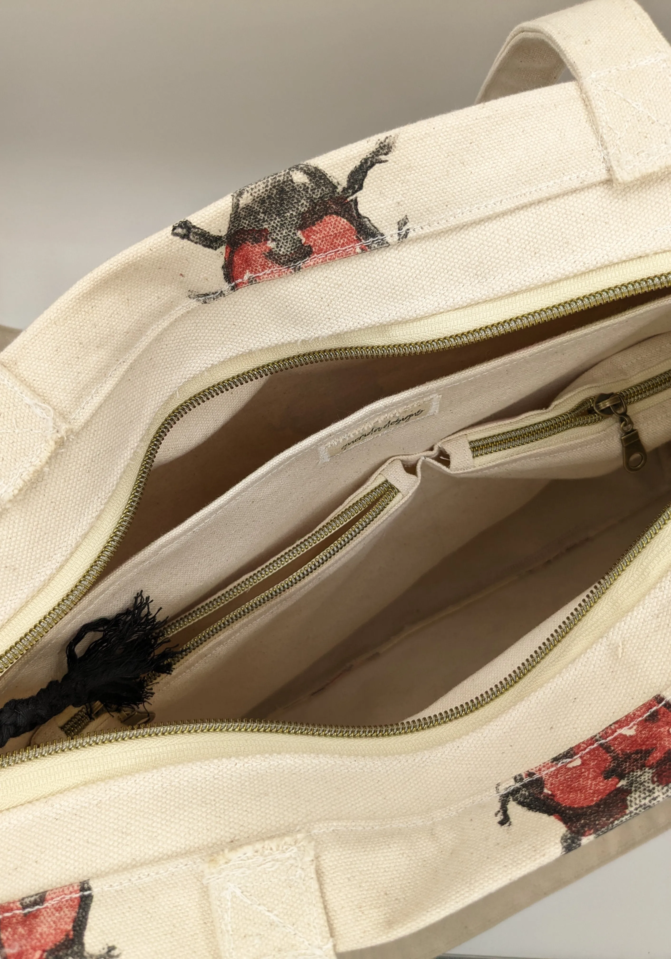 Ladybug Block Printed Multi Pocket Tote