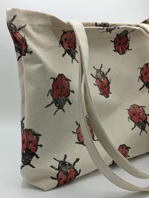 Ladybug Block Printed Multi Pocket Tote
