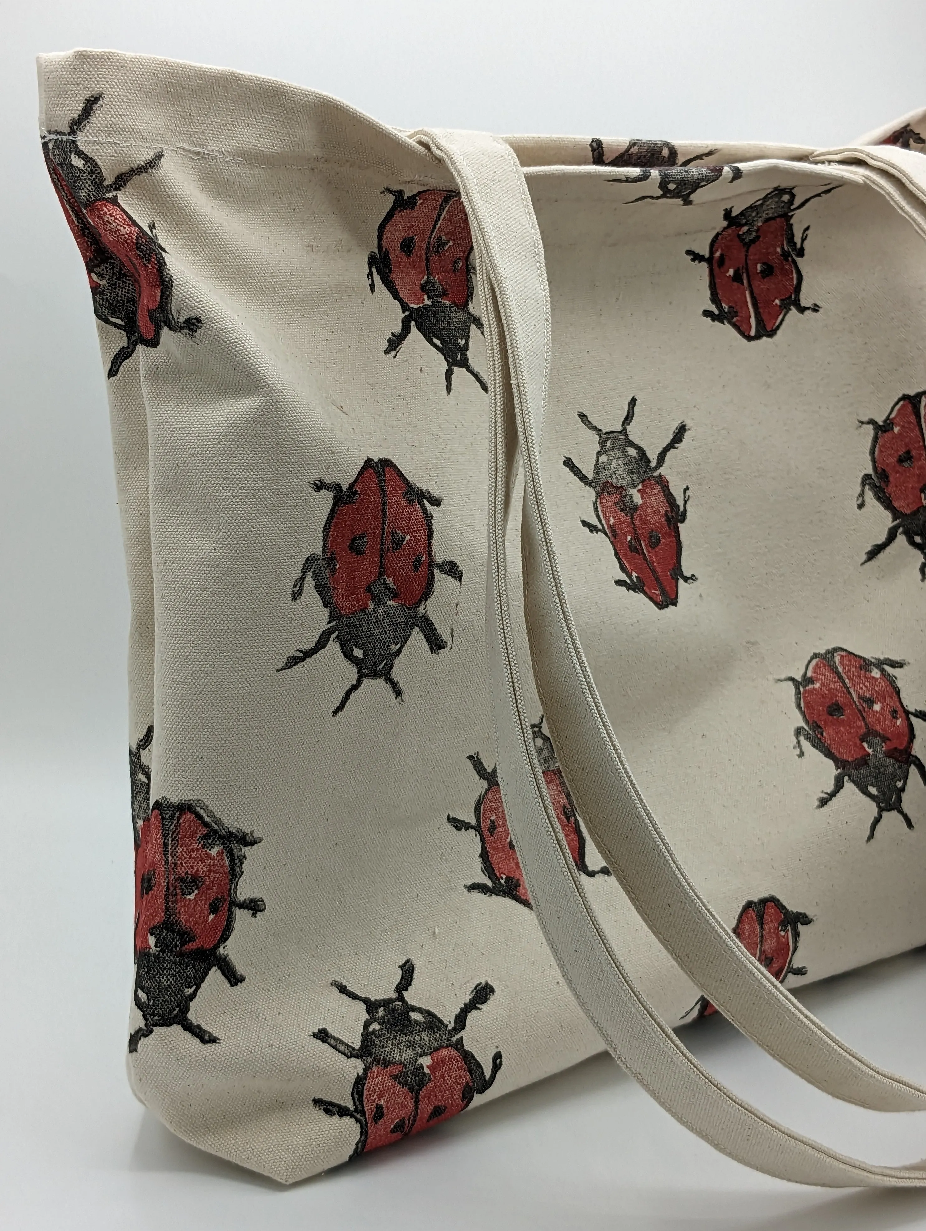 Ladybug Block Printed Multi Pocket Tote