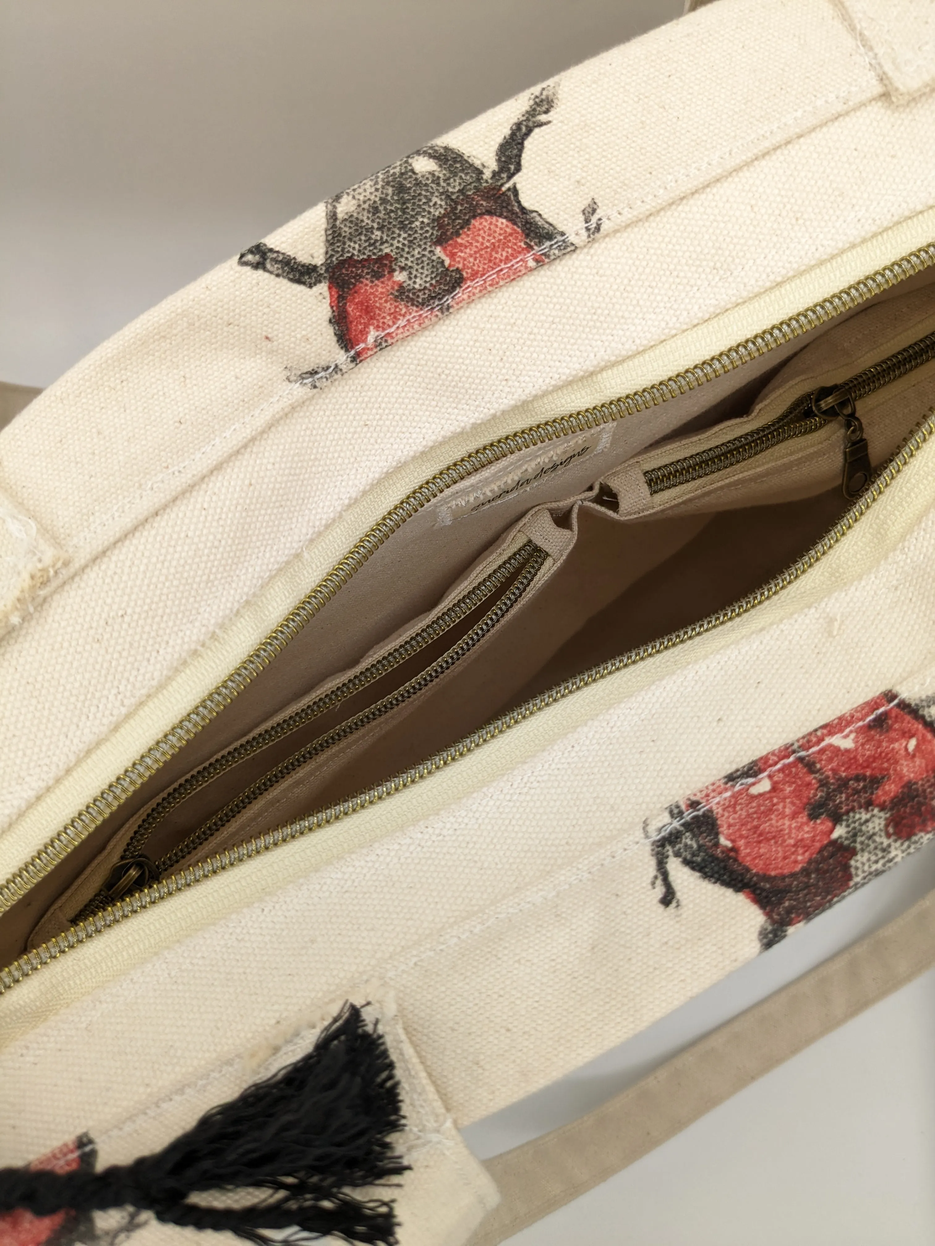 Ladybug Block Printed Multi Pocket Tote