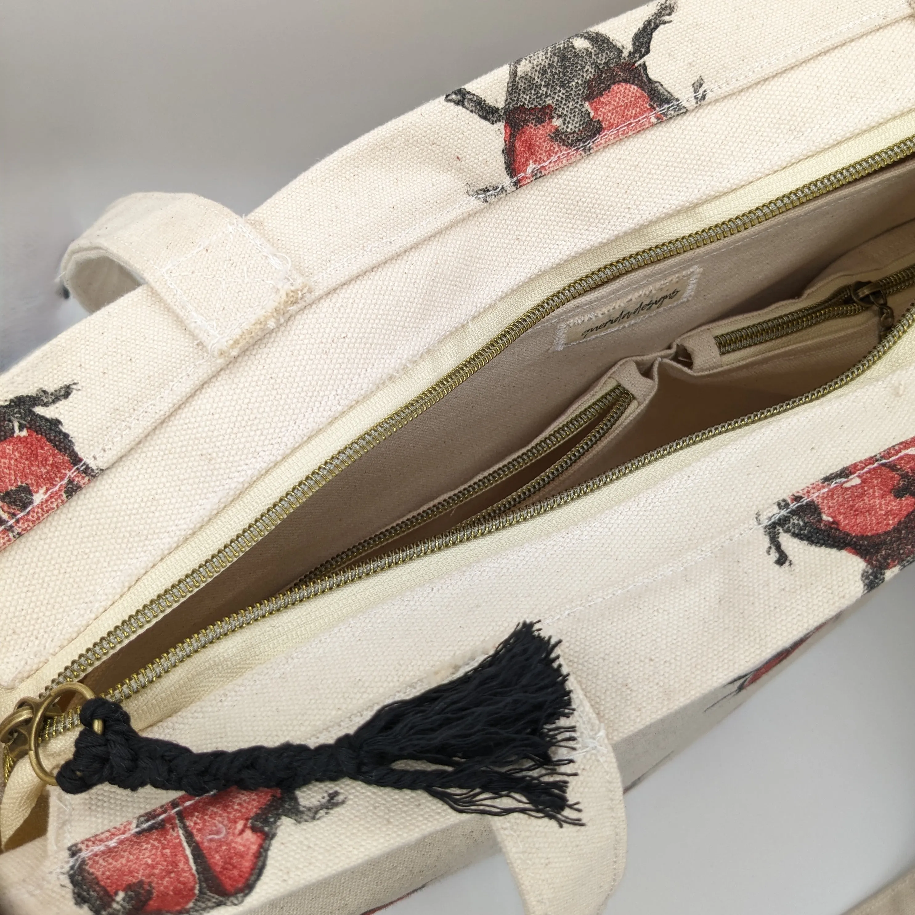 Ladybug Block Printed Multi Pocket Tote