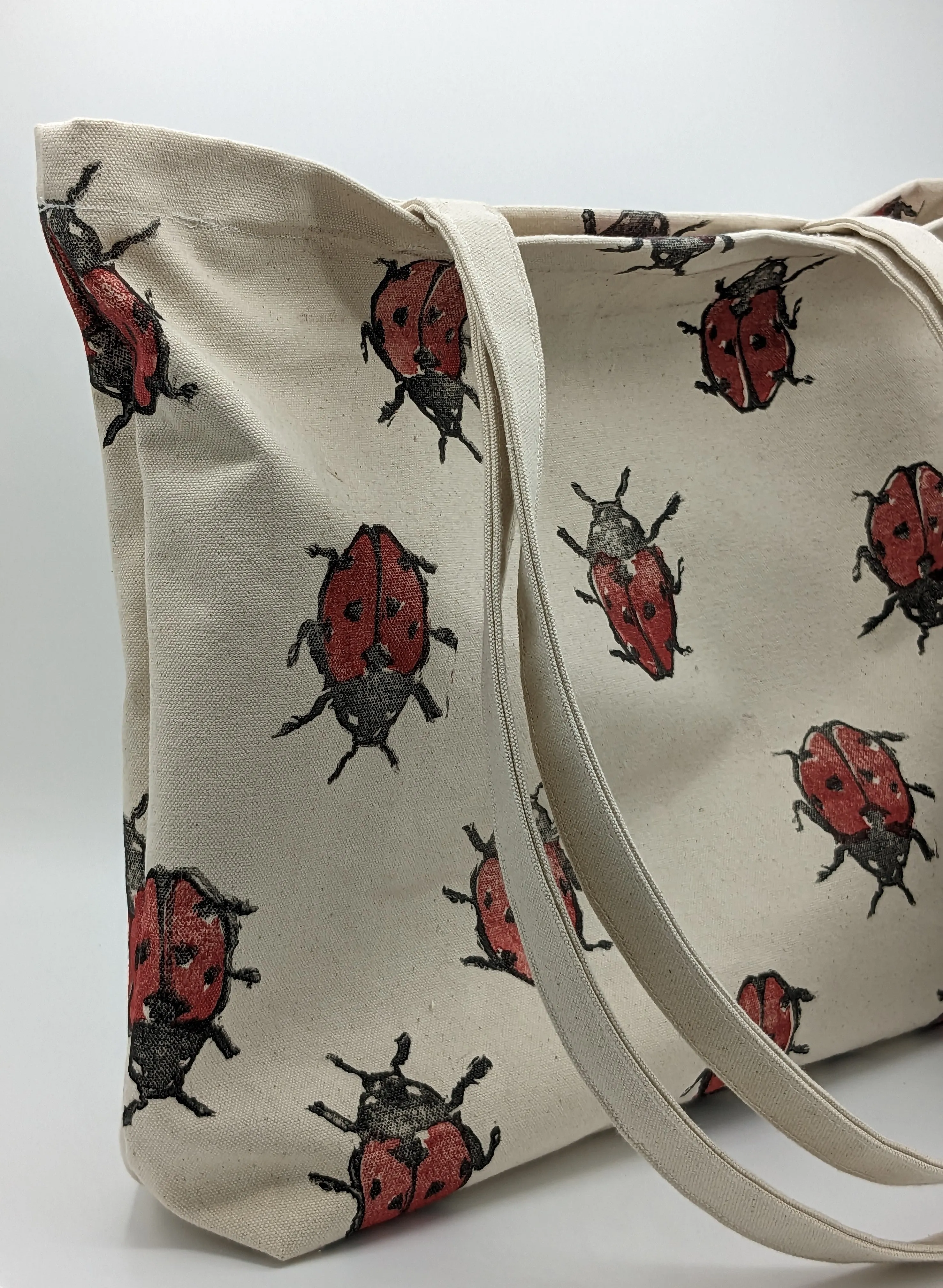 Ladybug Block Printed Multi Pocket Tote