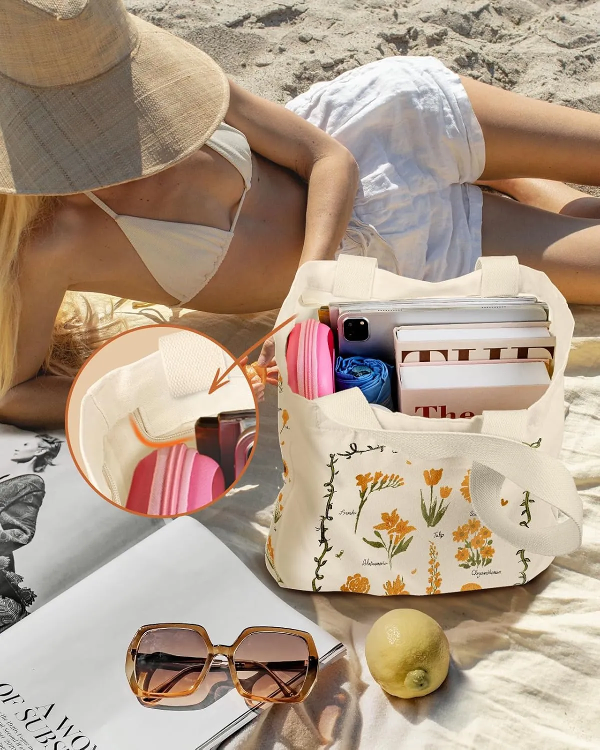 Large Canvas Tote Bag for Women - with Zipper and Inner Pocket Aesthetic Cute Shoulder Bag for Shopping Daily