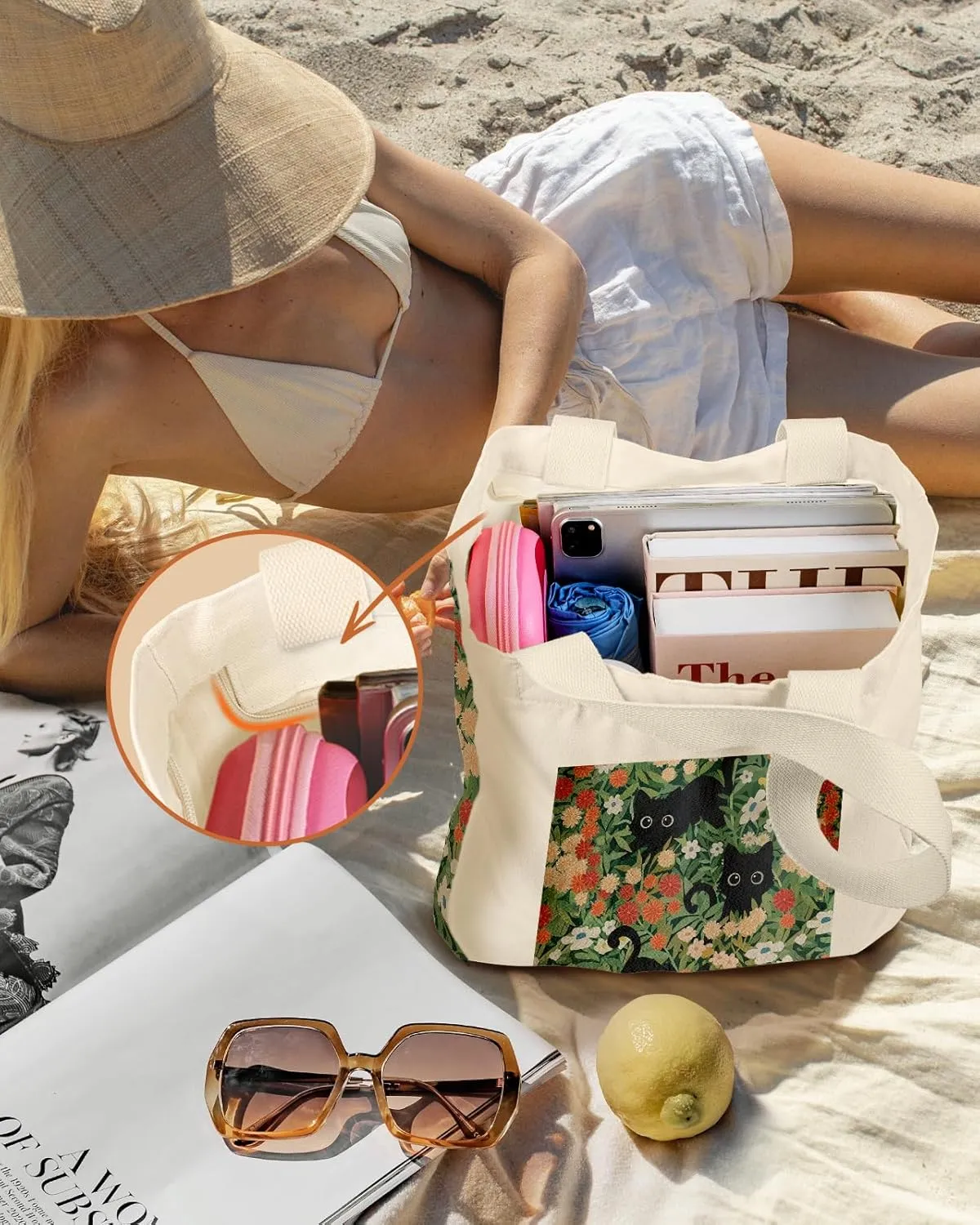 Large Canvas Tote Bag for Women - with Zipper and Inner Pocket Aesthetic Cute Shoulder Bag for Shopping Daily