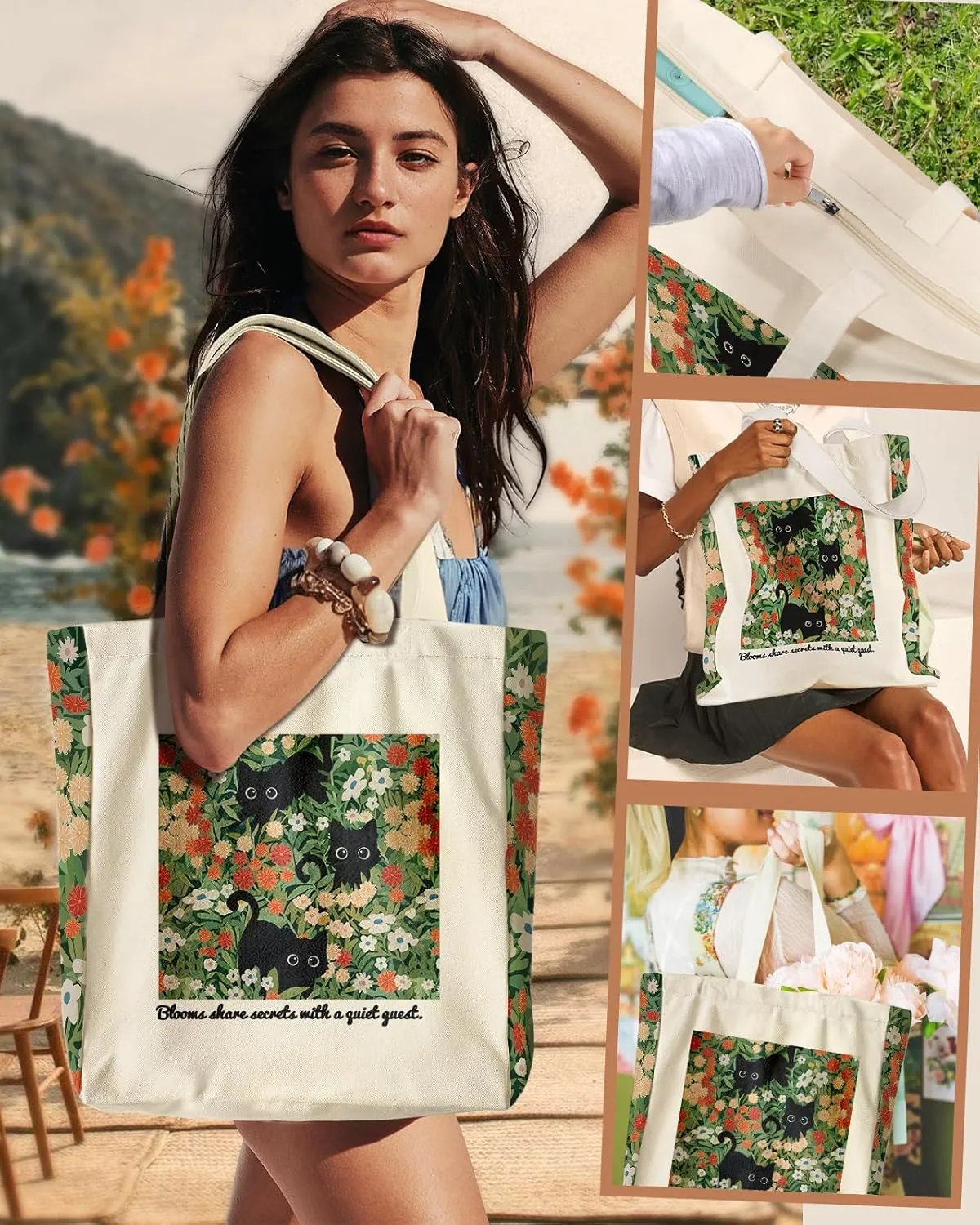 Large Canvas Tote Bag for Women - with Zipper and Inner Pocket Aesthetic Cute Shoulder Bag for Shopping Daily
