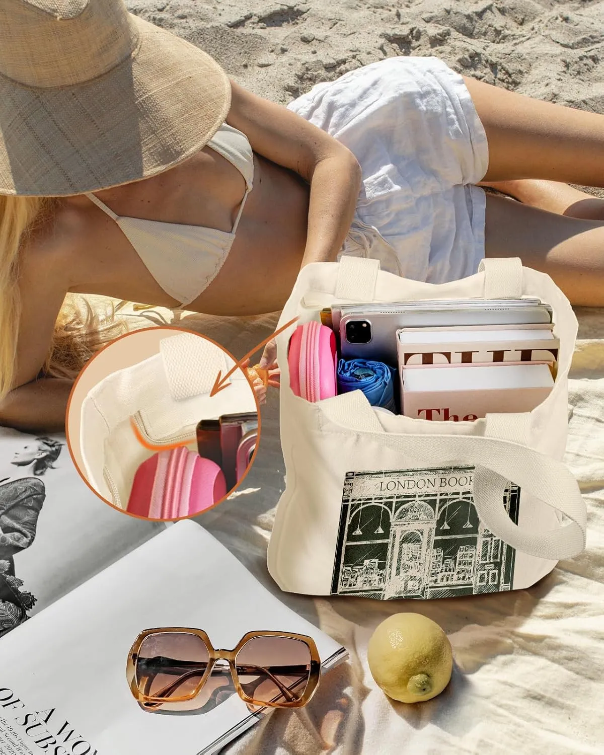 Large Canvas Tote Bag for Women - with Zipper and Inner Pocket Aesthetic Cute Shoulder Bag for Shopping Daily