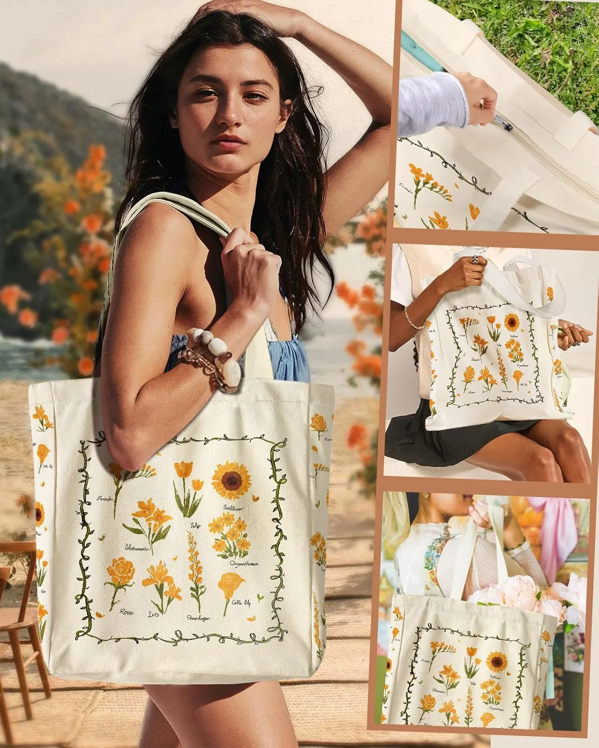 Large Canvas Tote Bag for Women - with Zipper and Inner Pocket Aesthetic Cute Shoulder Bag for Shopping Daily