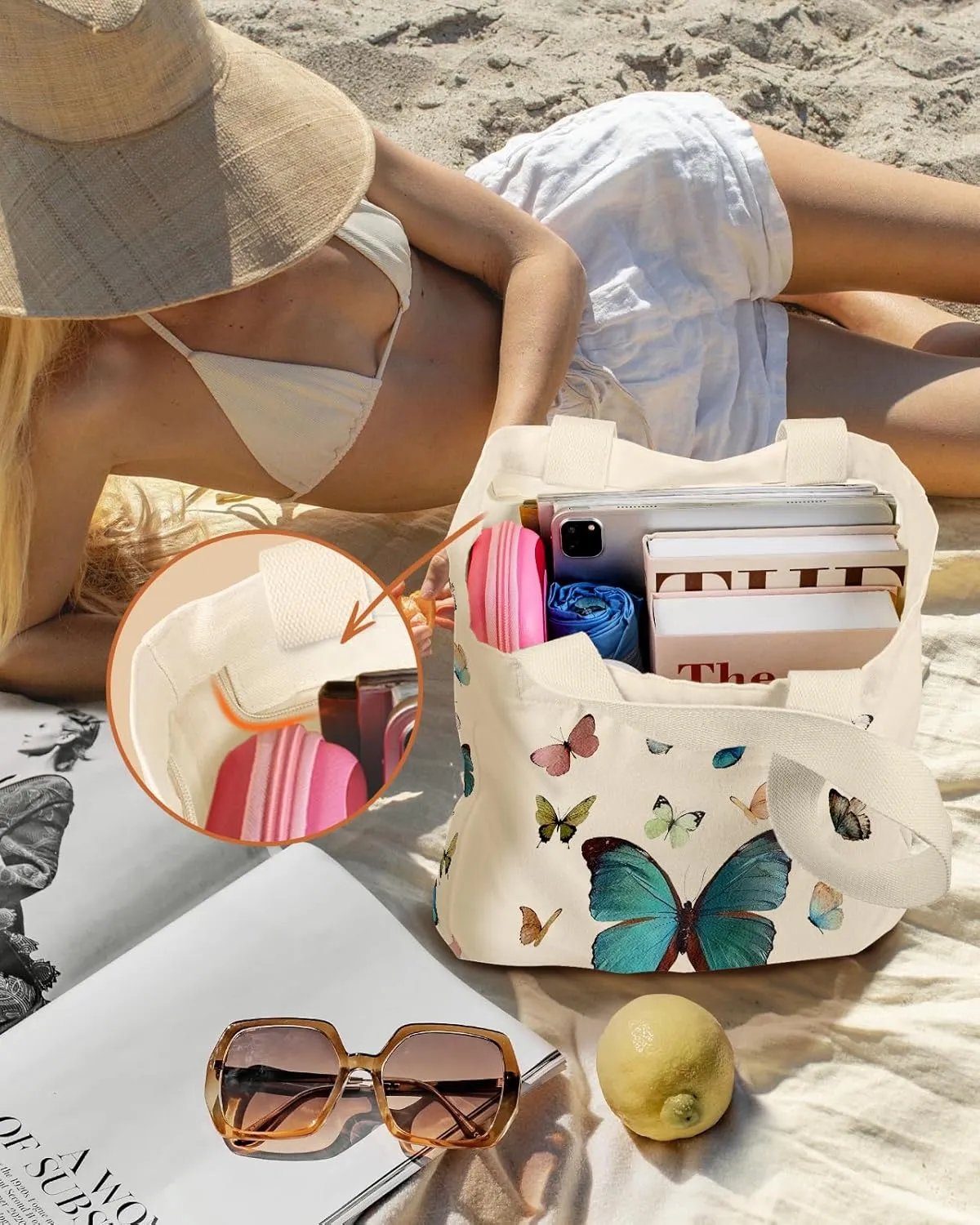 Large Canvas Tote Bag for Women - with Zipper and Inner Pocket Aesthetic Cute Shoulder Bag for Shopping Daily