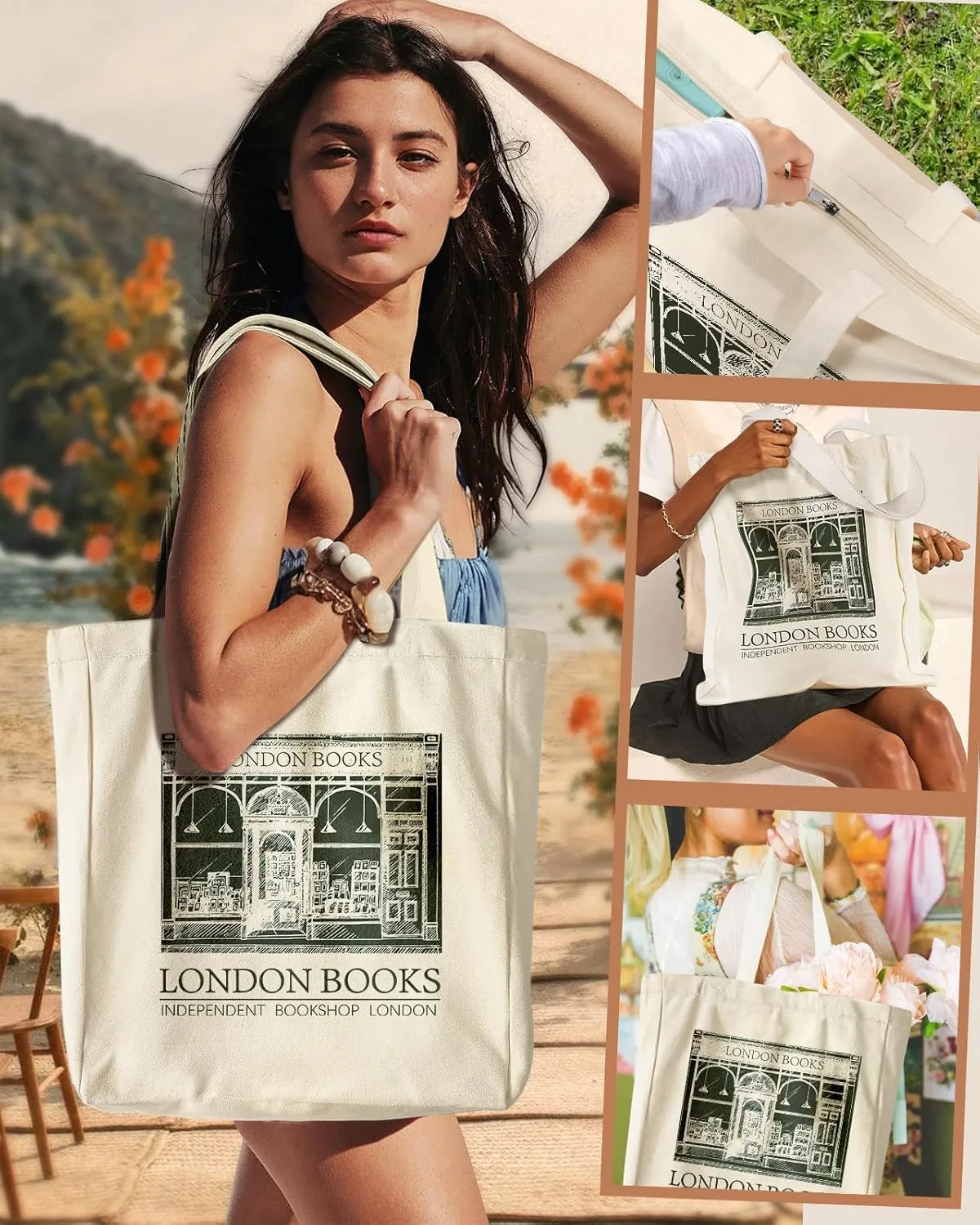 Large Canvas Tote Bag for Women - with Zipper and Inner Pocket Aesthetic Cute Shoulder Bag for Shopping Daily