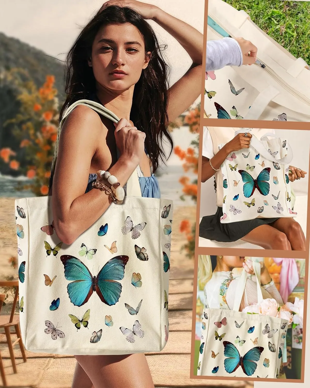 Large Canvas Tote Bag for Women - with Zipper and Inner Pocket Aesthetic Cute Shoulder Bag for Shopping Daily