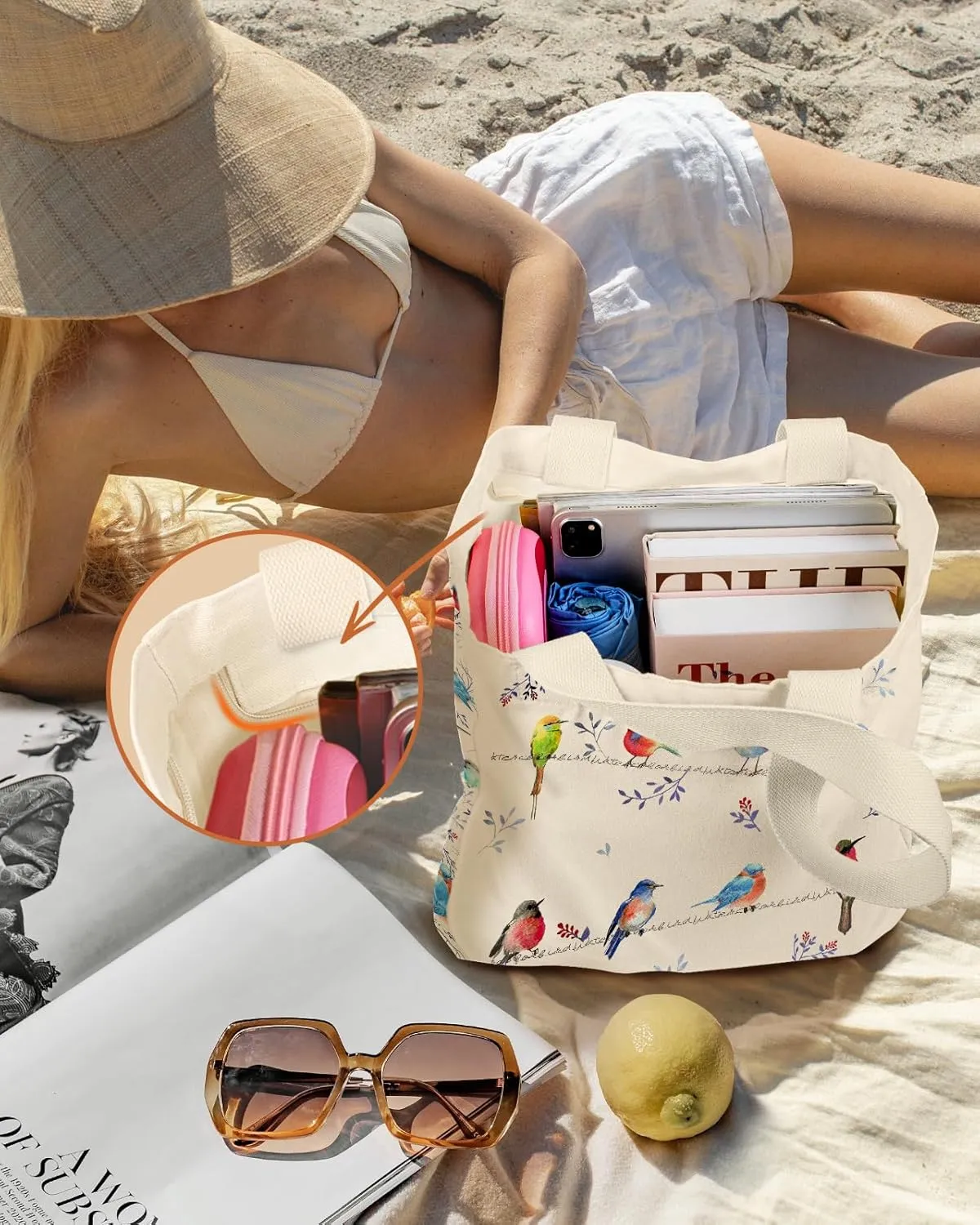 Large Canvas Tote Bag for Women - with Zipper and Inner Pocket Aesthetic Cute Shoulder Bag for Shopping Daily