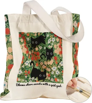 Large Canvas Tote Bag for Women - with Zipper and Inner Pocket Aesthetic Cute Shoulder Bag for Shopping Daily
