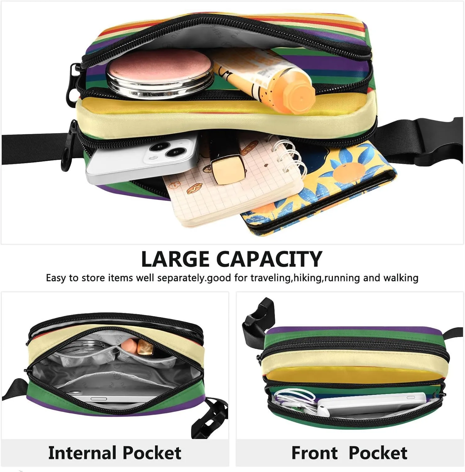 Large Capacity Fanny Pack, Pride Month A Colorful Stripe, Women Men Waist Packs, Crossbody Sport Bags Bum Bag Belt with Adjustable Strap for Travel Running Hiking