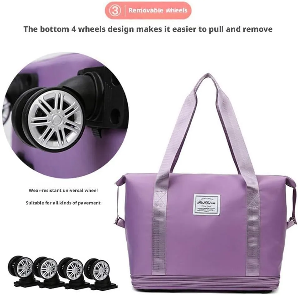 Large Capacity Travel Bag,Universal Wheel Removable,Expandable Foldable Carry On,Large Weekend Bag with Spinner Wheels,Dry Wet Separated Tote Bag with 360 Degrees Silent Universal Wheels