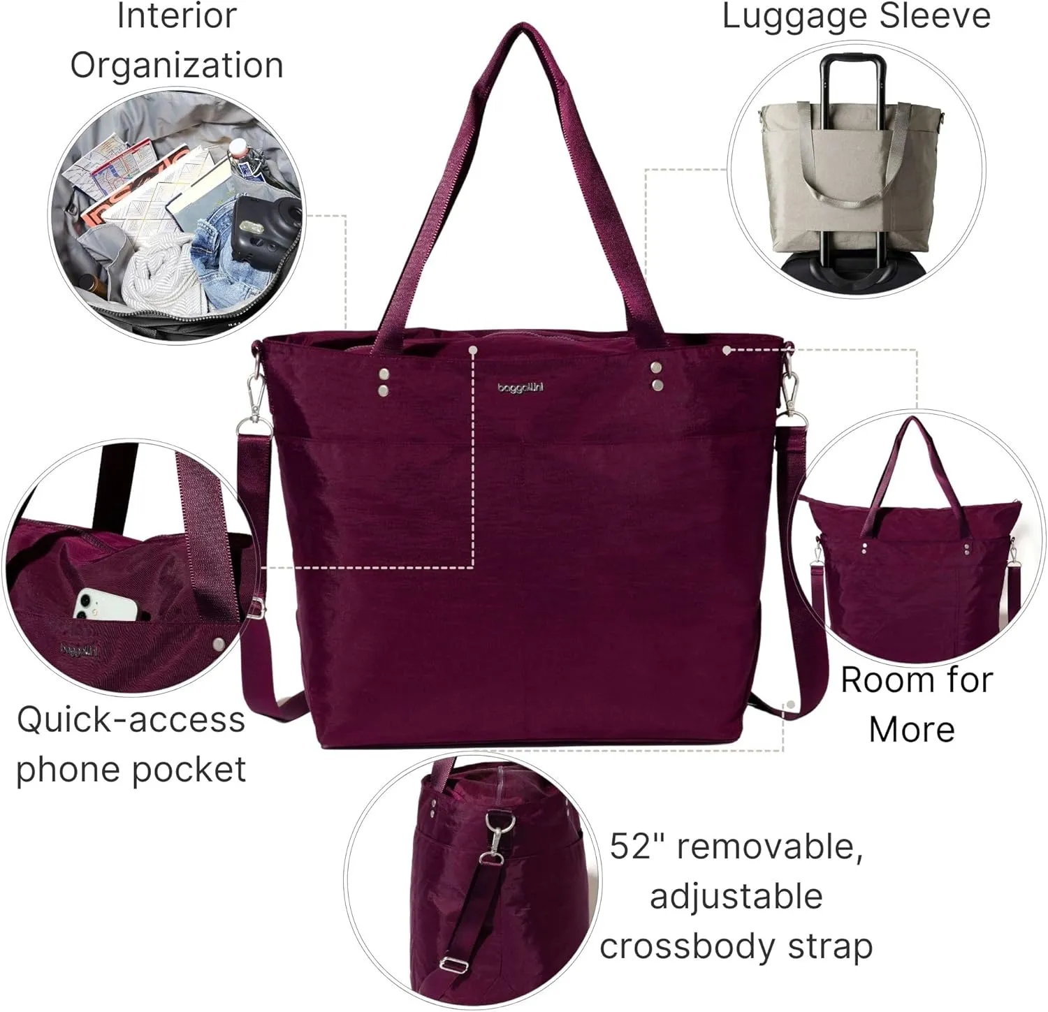 Large Carryall Tote Bag for Women - Lightweight Nylon Zipper Top Weekender Travel Beach Bag Personal Item w/Luggage Sleeve