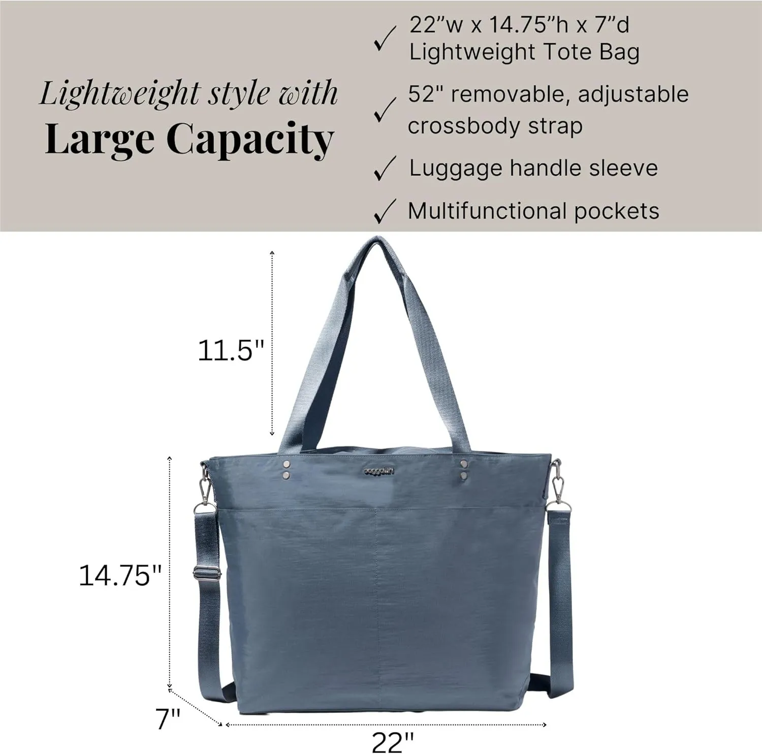 Large Carryall Tote Bag for Women - Lightweight Nylon Zipper Top Weekender Travel Beach Bag Personal Item w/Luggage Sleeve