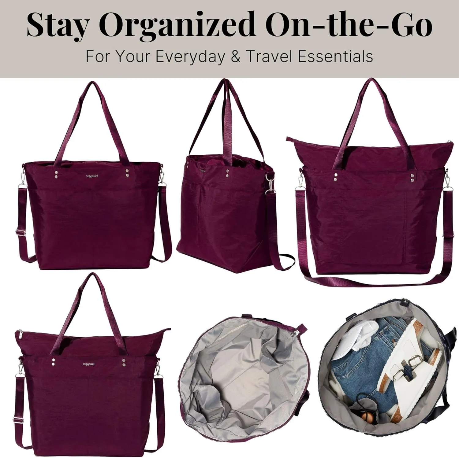 Large Carryall Tote Bag for Women - Lightweight Nylon Zipper Top Weekender Travel Beach Bag Personal Item w/Luggage Sleeve