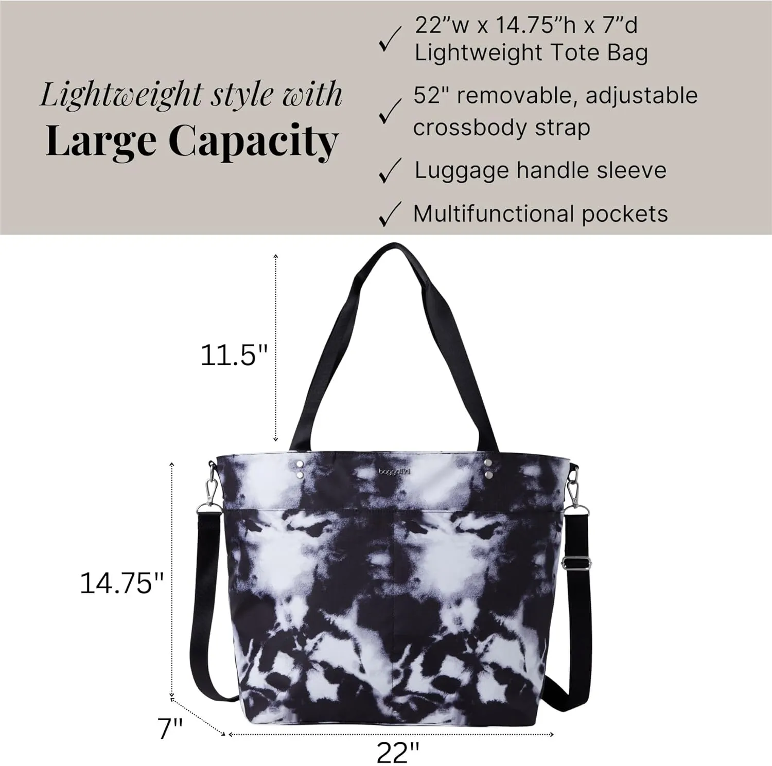 Large Carryall Tote Bag for Women - Lightweight Nylon Zipper Top Weekender Travel Beach Bag Personal Item w/Luggage Sleeve