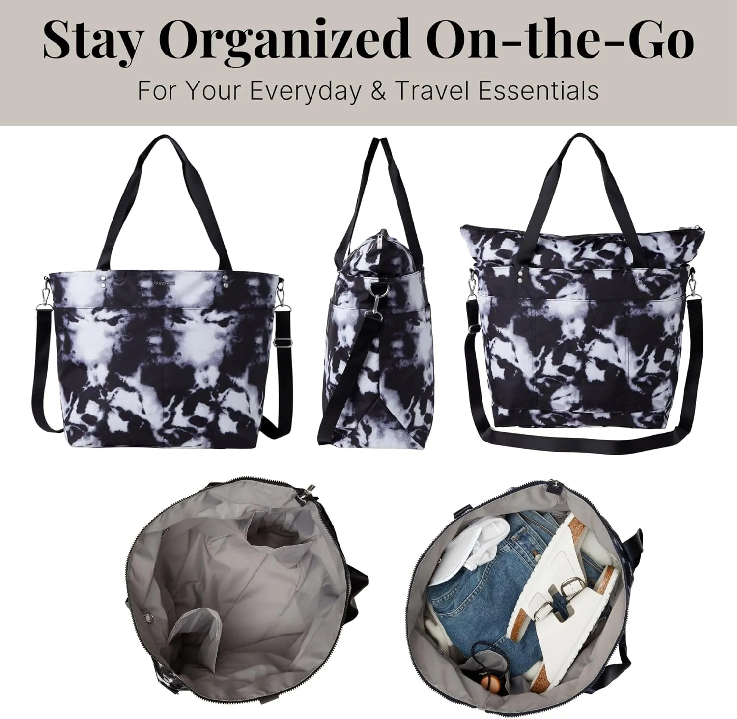 Large Carryall Tote Bag for Women - Lightweight Nylon Zipper Top Weekender Travel Beach Bag Personal Item w/Luggage Sleeve