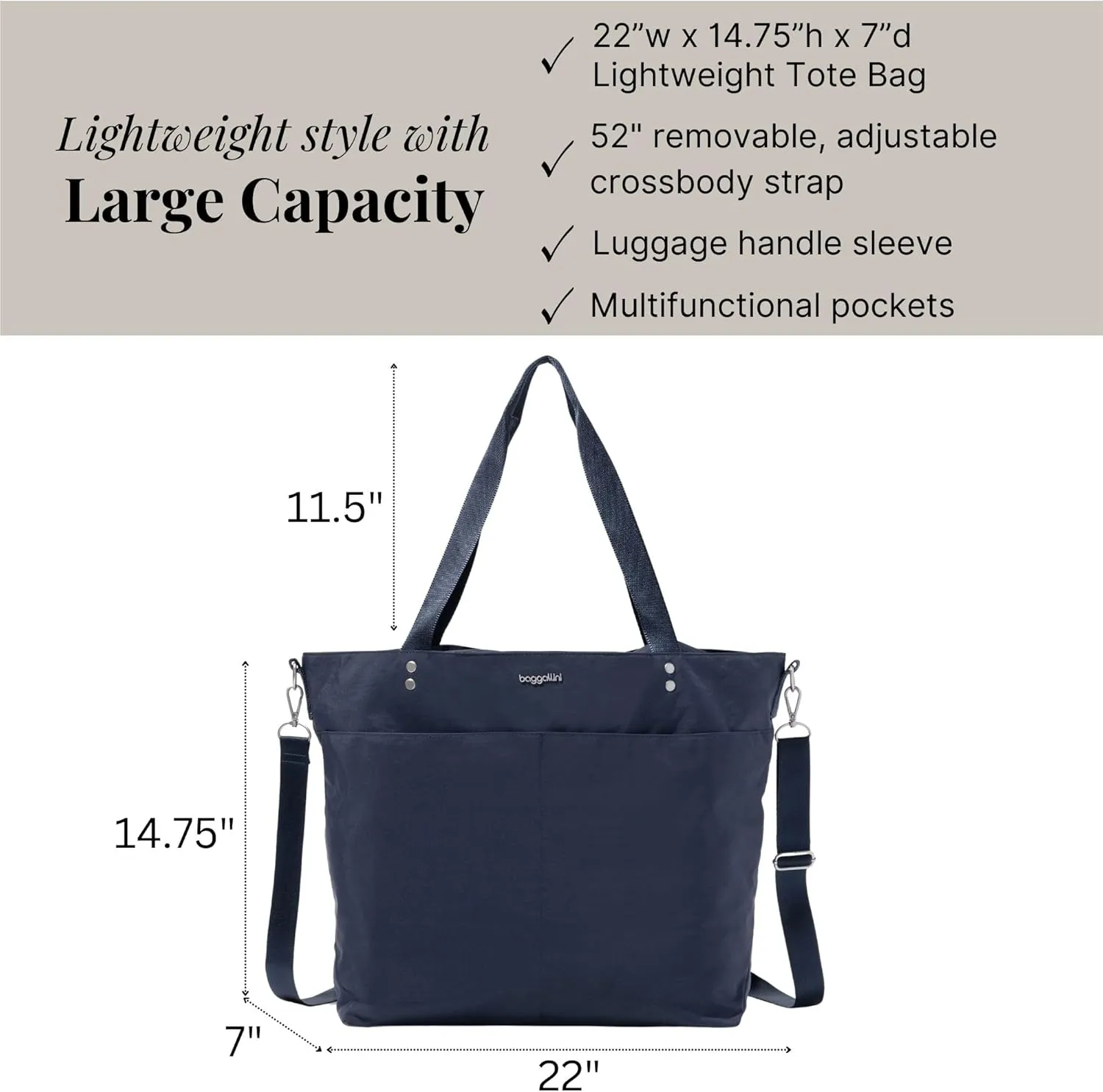 Large Carryall Tote Bag for Women - Lightweight Nylon Zipper Top Weekender Travel Beach Bag Personal Item w/Luggage Sleeve