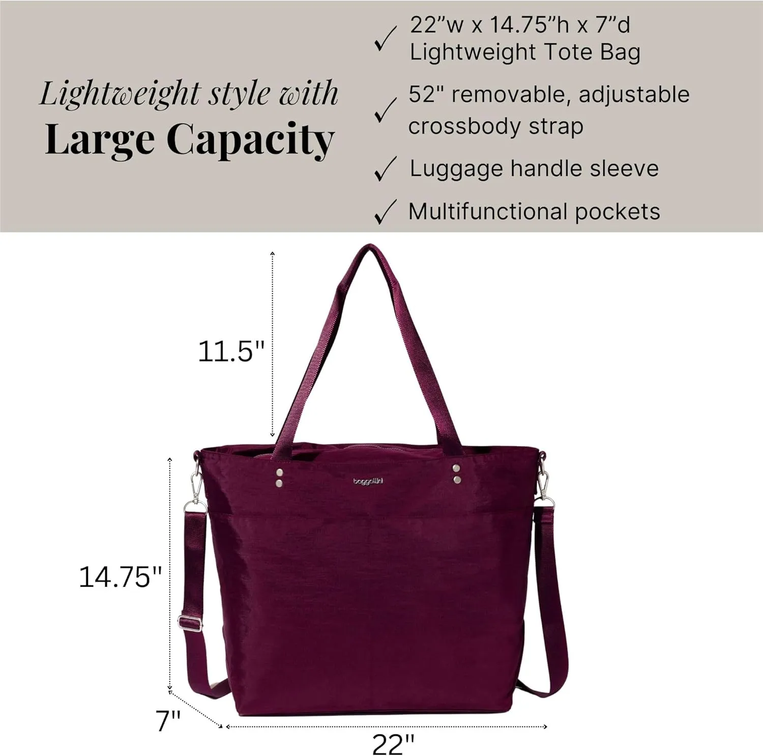 Large Carryall Tote Bag for Women - Lightweight Nylon Zipper Top Weekender Travel Beach Bag Personal Item w/Luggage Sleeve