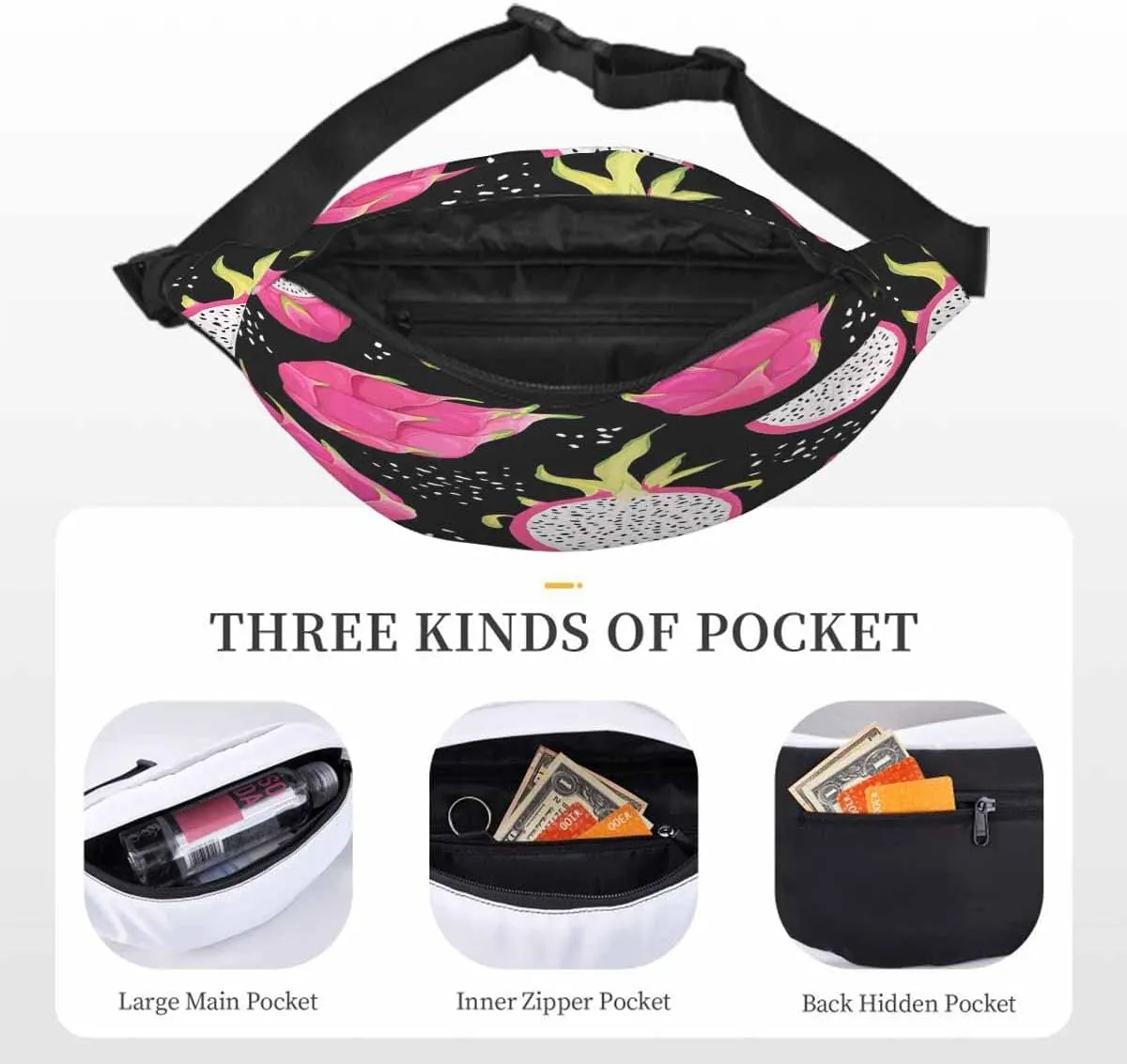 Large Crossbody Bag Waistpack Summer Romantic Tropical Fresh Dragon Fruits Pitaya Pink Leisure Sports Fanny Pack Zipper Bag for Running, Travel
