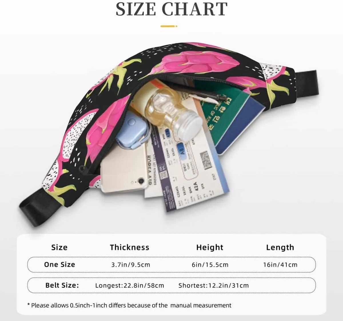 Large Crossbody Bag Waistpack Summer Romantic Tropical Fresh Dragon Fruits Pitaya Pink Leisure Sports Fanny Pack Zipper Bag for Running, Travel