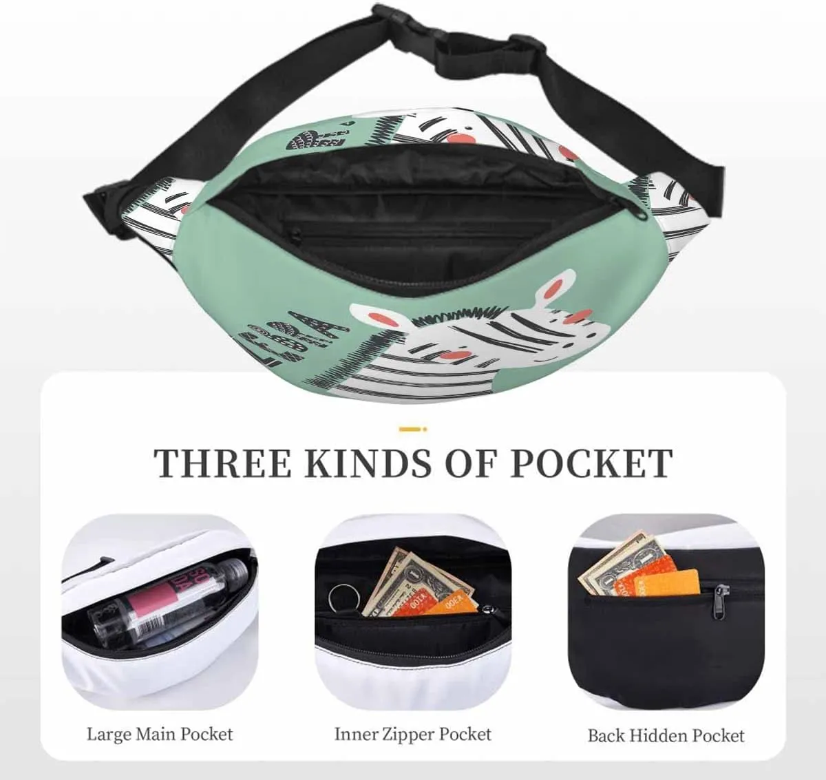 Large Crossbody Bag Waistpack Zebra Lettering Stripe Head Face Slogan Black Shyness Leisure Sports Fanny Pack Zipper Bag for Running, Travel