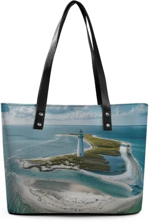 Large Grocery Bags Beach Tote Lighthouse on The Shore Bag for Women Shoulder Bag for Travel Work Handbag