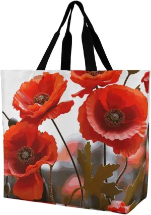 Large Grocery Bags Beach Tote Poppy Flowers Vivid Petals Shopping Bag for Women Shoulder Bag for Travel Work Handbag
