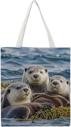 Large Grocery Bags Beach Tote Sea Otter Family Shopping Bag for Women Shoulder Bag for Travel Work Handbag