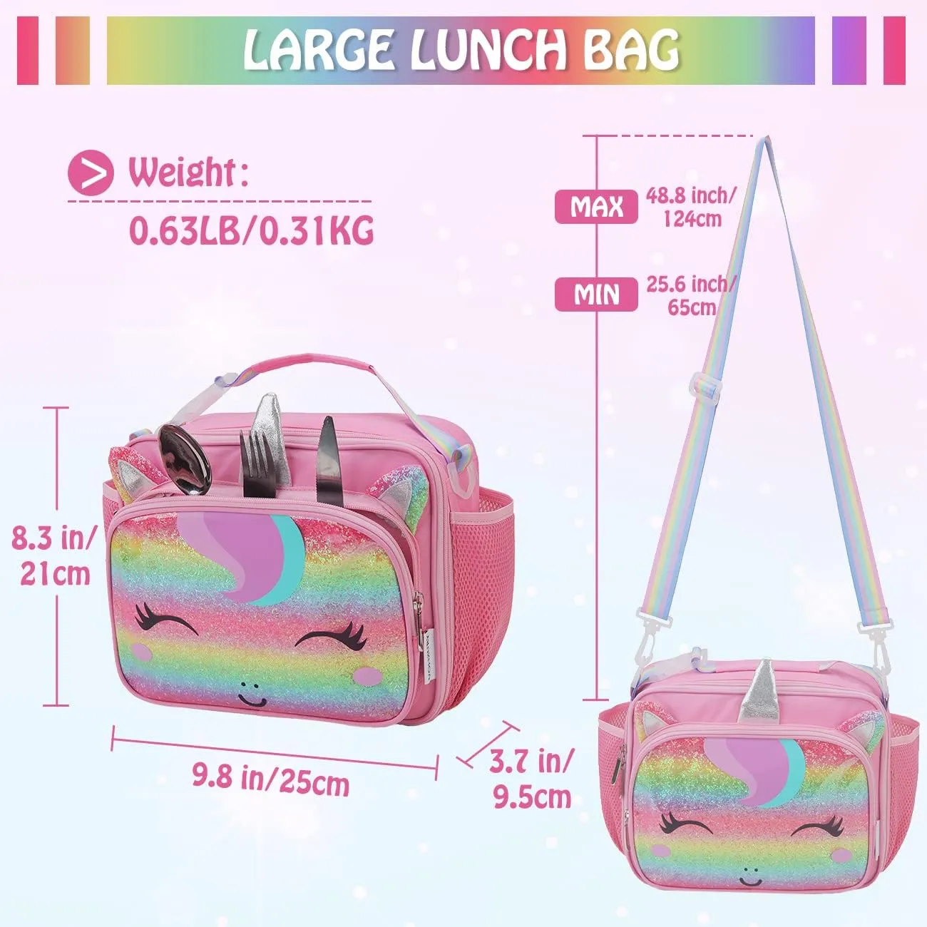 Large Kids Lunch Box, Insulated Lunch Bag for Girls Boys Teens Toddlers Cute School Lunch Tote with Shoulder Strap, VONXURY (Glitter Unicorn)