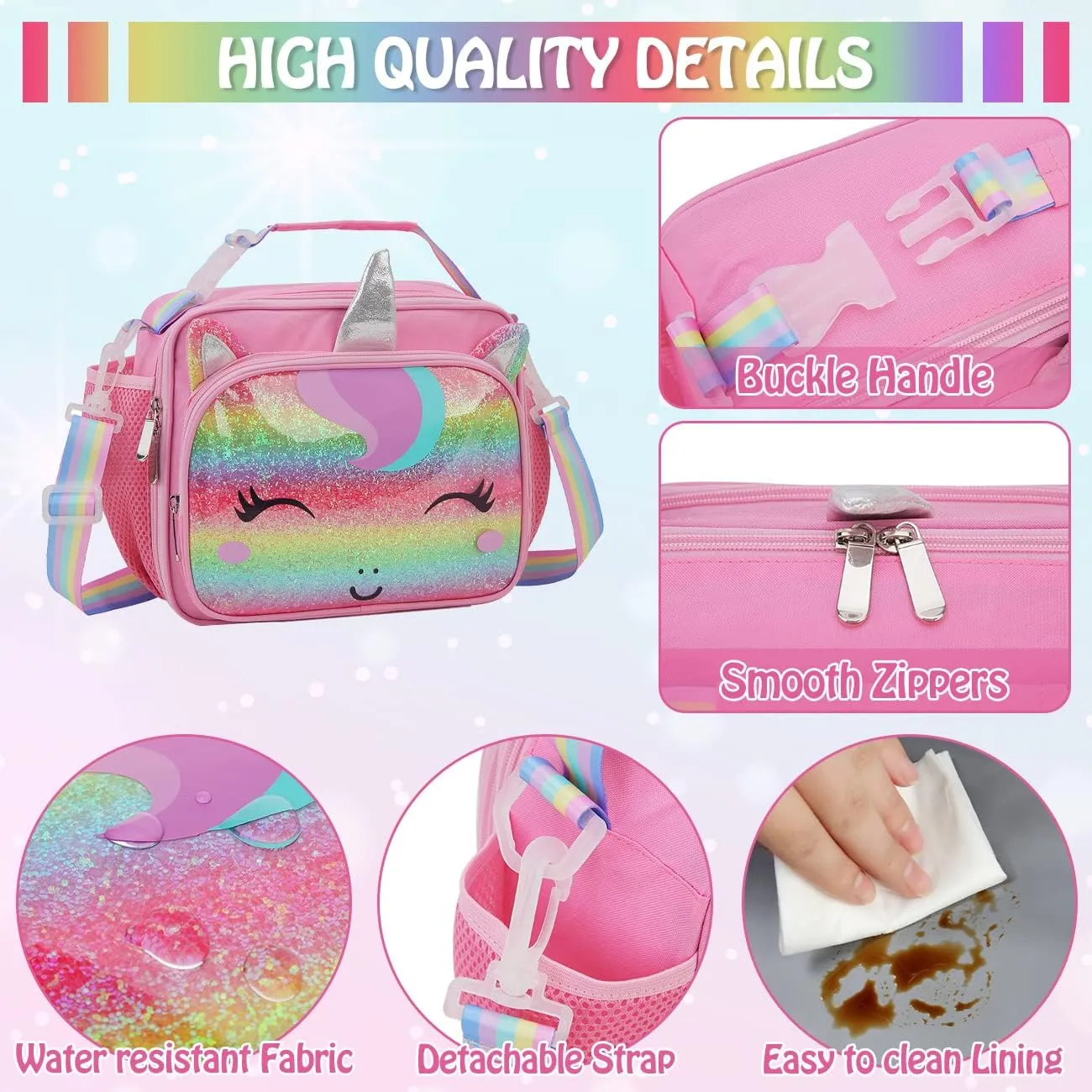 Large Kids Lunch Box, Insulated Lunch Bag for Girls Boys Teens Toddlers Cute School Lunch Tote with Shoulder Strap, VONXURY (Glitter Unicorn)