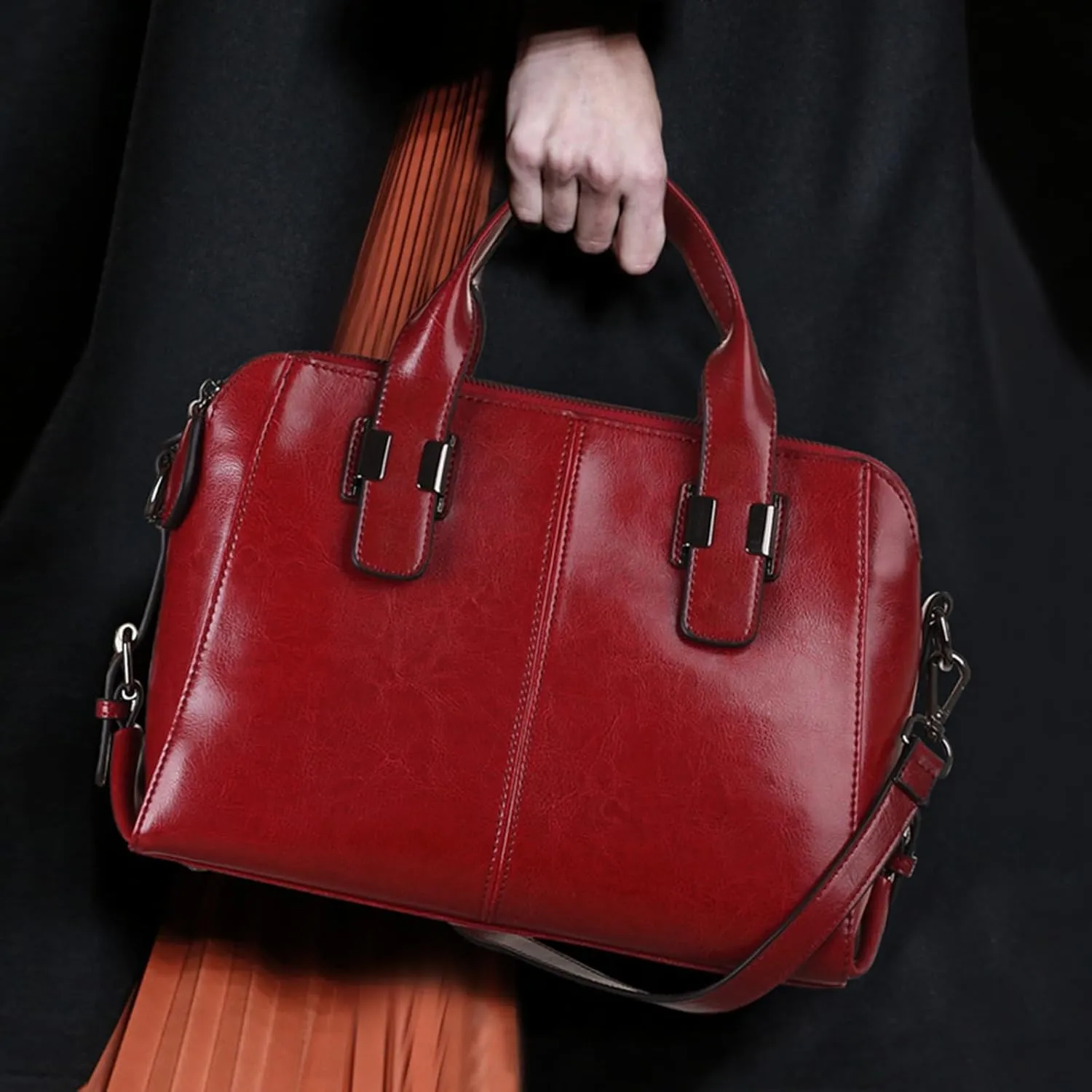 Large Leather Satchel Bag For Women Genuine Leather Handle Bag Work Tote Purse And Handbags With Triple Compartments