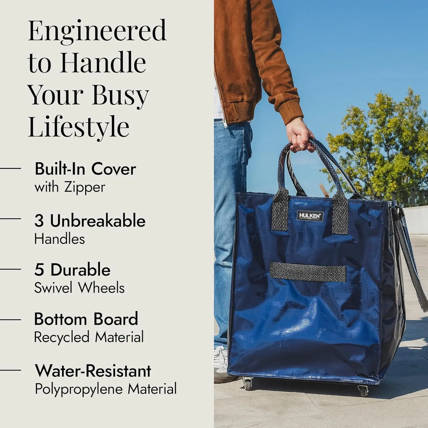 (Large, Midnight Blue) Reusable Grocery Bag On Wheels, Shopping Trolley, Rolling Tote, Zipper Closure, Lightweight, Carries Up to 66 lb, Folds Flat, Unbreakable Handles