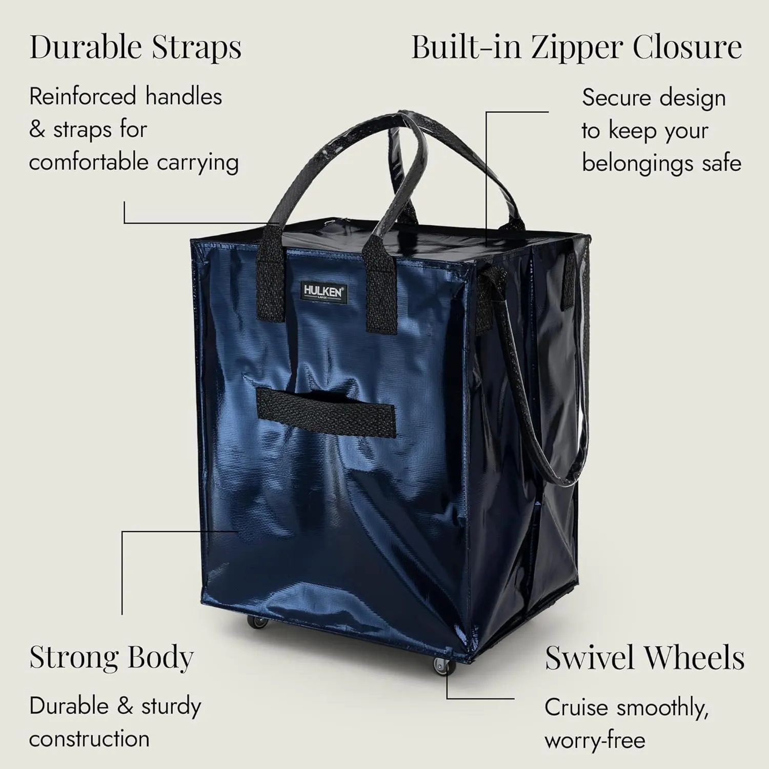 (Large, Midnight Blue) Reusable Grocery Bag On Wheels, Shopping Trolley, Rolling Tote, Zipper Closure, Lightweight, Carries Up to 66 lb, Folds Flat, Unbreakable Handles