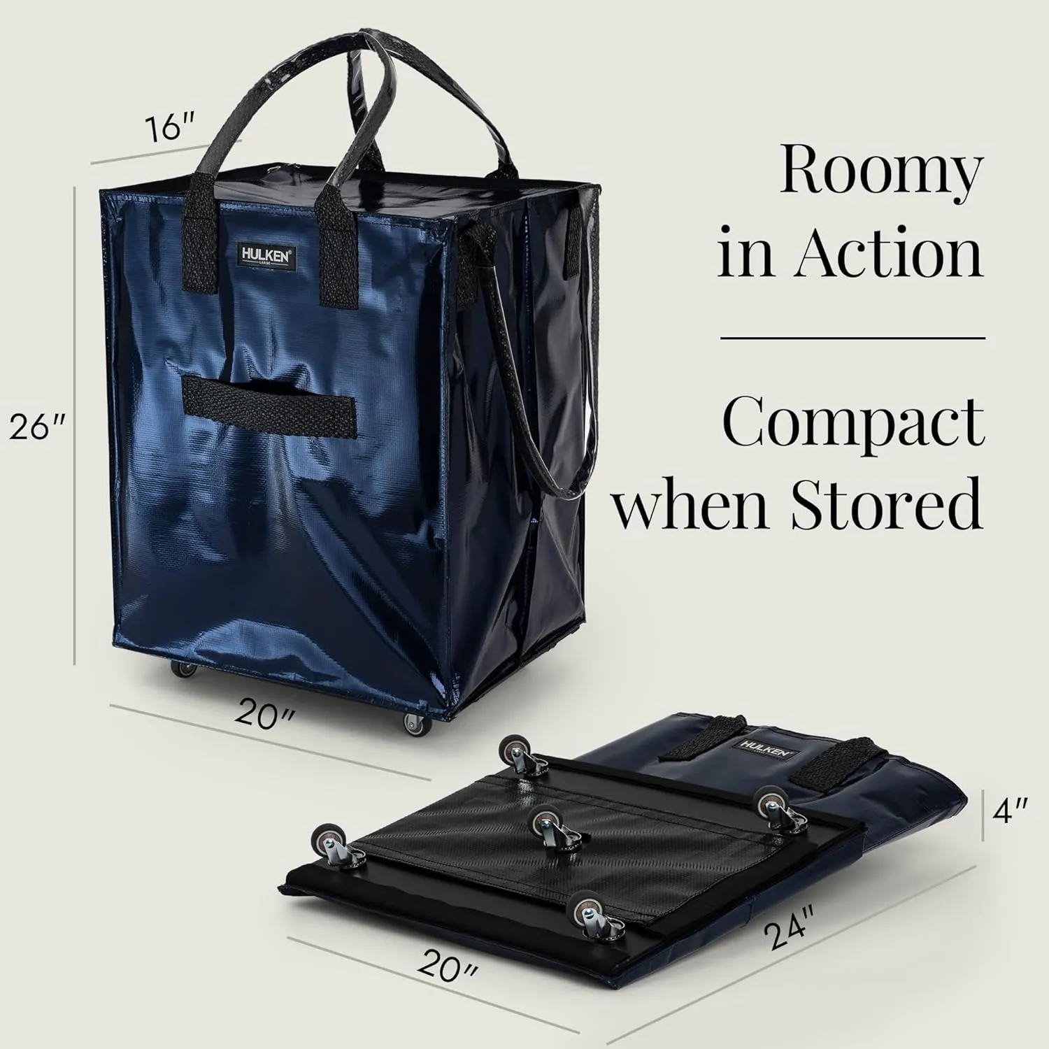 (Large, Midnight Blue) Reusable Grocery Bag On Wheels, Shopping Trolley, Rolling Tote, Zipper Closure, Lightweight, Carries Up to 66 lb, Folds Flat, Unbreakable Handles