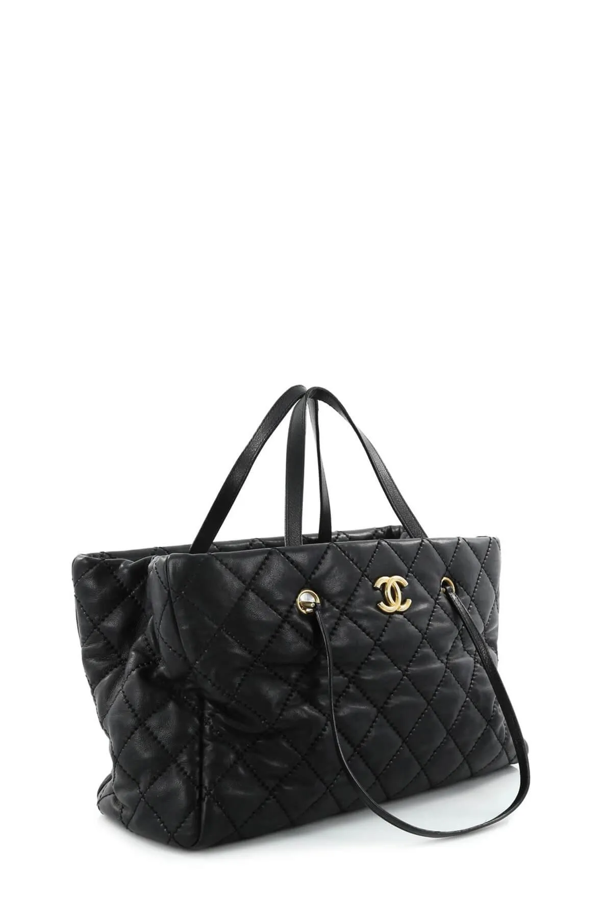 Large Quilted Retro Chain Shopping Tote Black