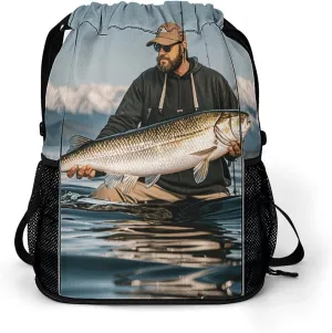Large Sports Drawstring Backpack Bass Fishing Wave Printed with Dry-Wet Separation | Digital Print Gym Sack | Waterproof Fabric | Shoe Compartment & PVC Pocket | Hydration Mesh for Fitness, Travel, Wo
