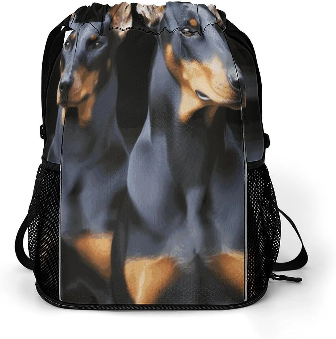 Large Sports Drawstring Backpack Doberman Printed with Dry-Wet Separation | Digital Print Gym Sack | Waterproof Fabric | Shoe Compartment & PVC Pocket | Hydration Mesh for Fitness, Travel, Work