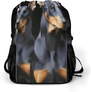 Large Sports Drawstring Backpack Doberman Printed with Dry-Wet Separation | Digital Print Gym Sack | Waterproof Fabric | Shoe Compartment & PVC Pocket | Hydration Mesh for Fitness, Travel, Work