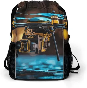 Large Sports Drawstring Backpack Drone Printed with Dry-Wet Separation | Digital Print Gym Sack | Waterproof Fabric | Shoe Compartment & PVC Pocket | Hydration Mesh for Fitness, Travel, Work