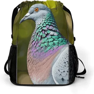 Large Sports Drawstring Backpack Grey Pigeon Printed with Dry-Wet Separation | Digital Print Gym Sack | Waterproof Fabric | Shoe Compartment & PVC Pocket | Hydration Mesh for Fitness, Travel, Work