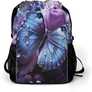 Large Sports Drawstring Backpack Purple Rose And Butterfly Printed with Dry-Wet Separation | Digital Print Gym Sack | Waterproof Fabric | Shoe Compartment & PVC Pocket | Hydration Mesh for Fitness, Tr