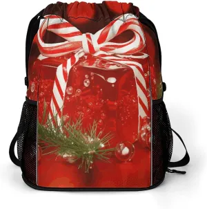 Large Sports Drawstring Backpack Red Christmas Candy Printed with Dry-Wet Separation | Digital Print Gym Sack | Waterproof Fabric | Shoe Compartment & PVC Pocket | Hydration Mesh for Fitness, Travel,