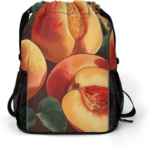 Large Sports Drawstring Backpack Sliced Peaches Printed with Dry-Wet Separation | Digital Print Gym Sack | Waterproof Fabric | Shoe Compartment & PVC Pocket | Hydration Mesh for Fitness, Travel, Work